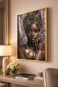 Tablou decorativ cu portret de femeie africana, bijuterii aurii si turban elegant