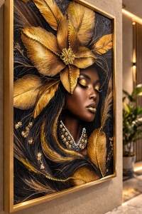 Tablou cu femeie africana si flunze aurii decorative, decor modern pentru interior