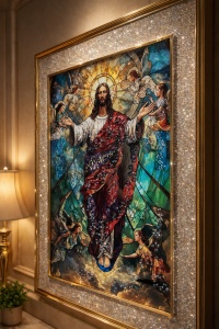 Tablou Iisus Hristos cu Pietricele si Sclipici 72x52cm