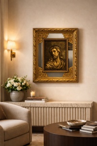 tablou religios cu Iisus purtând coroana de spini, relief auriu, încadrat într-o ramă decorativă cu margini oglindă și detalii florale sculptate