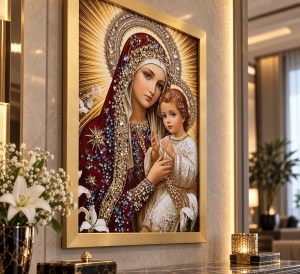 Tablou Maica Domnului cu Pruncul Iisus Hristos cu Pietricele 40x30cm - Gold - Img 3