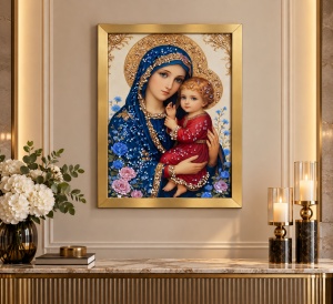 Tablou Maica Domnului cu Pruncul Iisus Hristos cu Pietricele 40x30cm - Gold - Img 2