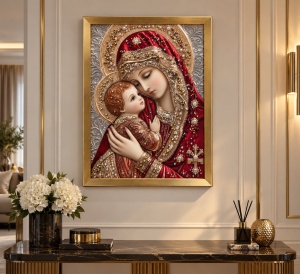 Tablou Maica Domnului cu Pruncul Iisus Hristos cu Pietricele 40x30cm - Gold - Img 2