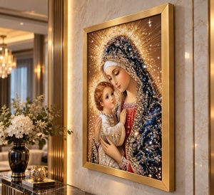 Tablou Maica Domnului cu Pruncul Iisus Hristos cu Pietricele 60x40cm - Gold - Img 3