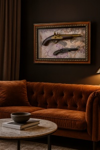 Tablou decorativ de perete cu pistoale istorice și fundal hartă veche