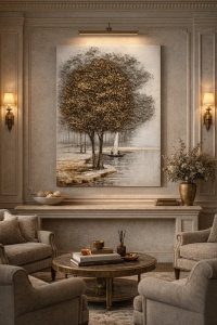 Tablou decorativ cu copac auriu lângă apă, peisaj natural calm