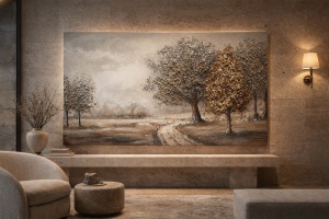Tablou decorativ panoramic cu peisaj de toamnă, copaci aurii și drum rural