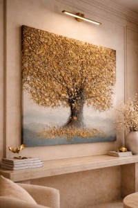 Pictura decorativa cu arbore auriu si fundal albastru deschis