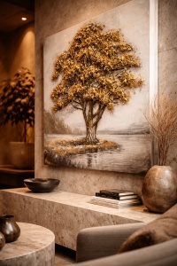 Tablou canvas cu copac auriu langa apa, peisaj elegant in nuante neutre pentru living