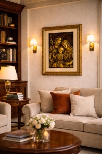 Tablou Sfânta Familie în relief auriu, cu ramă decorativă aurie, decor religios pentru perete