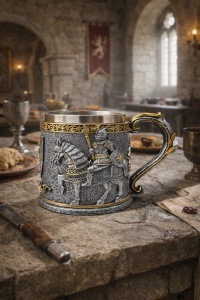 Halba bere medievala cu cavaleri cana decorativa stil medieval