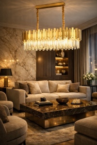 Candelabru auriu rectangular modern cu cristale, design suspendat pentru dining sau living.