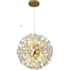 Plafonieră modernă tip glob, design dandelion, cu structură aurie și cristale decorative