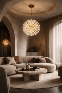 Plafonieră modernă tip glob, design dandelion, cu structură aurie și cristale decorative