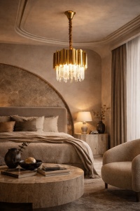 Candelabru auriu cu cristale, design modern și elegant pentru living