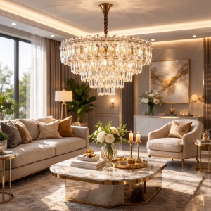 Candelabru elegant cu cristale transparente dispuse în trepte și structură metalică cromată