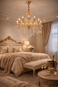 Candelabru luxos auriu cu brațe sculptate și cristale decorative, perfect pentru a oferi eleganță și rafinament oricărui interior