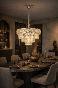 Candelabru elegant cu cristale în trepte, ideal pentru living, oferă lumină caldă și rafinament modern
