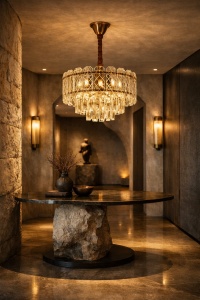 Candelabru luxos cu cristale transparente și finisaj auriu, ideal pentru living, dining sau spații elegante