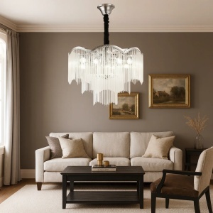 Candelabru mare cu cristale în cascadă, design luxos pentru living