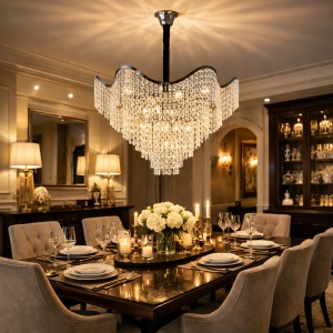Candelabru luxos cu cristale în cascadă, perfect pentru living sau dining, aducând eleganță și lumină spectaculoasă