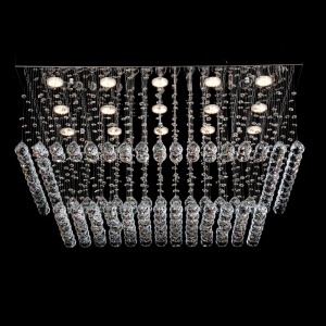Candelabru modern dreptunghiular cu cristale suspendate, perfect pentru un iluminat spectaculos și rafinat în living sau dining