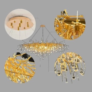 Candelabru modern auriu cu cristale tip picătură, design luxuriant organic și iluminare decorativă