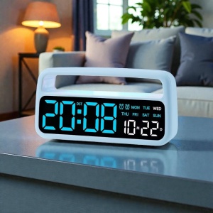 Ceas digital cu afișaj LED albastru, oră și dată, iluminare ambientală superioară cu culori schimbabile, design modern pentru interior