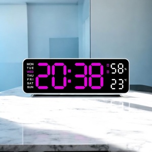 Ceas digital cu afișaj LED roz, umiditate, temperatură și ziua săptămânii, pentru masă sau perete, design modern