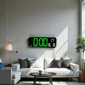 Ceas digital cu afișaj LED și colțuri teșite, temperatură, dată și ziua săptămânii, design modern pentru interior