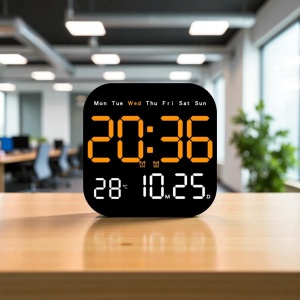 Ceas digital modern cu telecomandă, afișaj clar portocaliu, dată și temperatură, perfect pentru dormitor sau living