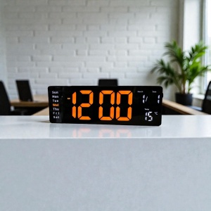 Ceas digital cu afișaj LED portocaliu și colțuri rotunjite, dată, temperatură și ziua săptămânii, design modern pentru interior.