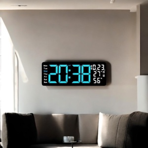 Ceas digital cu afișaj LED albastru, lumină reglabilă în partea inferioară, telecomandă, temperatură și umiditate, pentru perete sau masă
