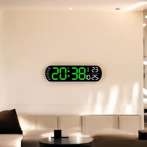 Ceas digital cu afișaj LED verde, lumină reglabilă în partea inferioară, telecomandă, temperatură și dată, pentru perete sau masă