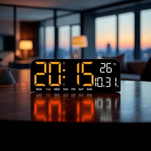 Ceas deșteptător digital modern cu afișaj portocaliu, dată, temperatură și calendar săptămâna