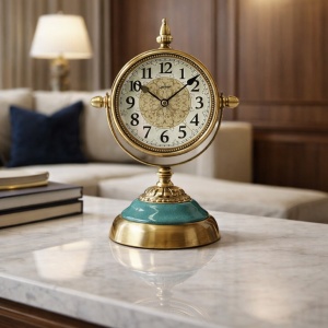 Ceas de masă vintage cu bază turcoaz și finisaj auriu, design clasic elegant
