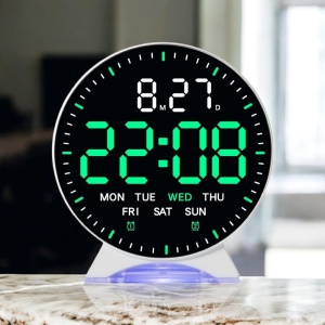 Ceas digital rotund cu afișaj LED verde, dată, ziua săptămânii și funcție alarmă, design modern pentru interior