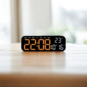 Ceas digital cu afișaj LED portocaliu, temperatură, dată, ziua săptămânii și funcție alarmă, design modern pentru interior