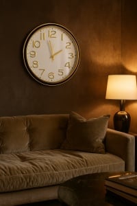 ceas de perete minimalist alb cu cifre mari aurii, fara tic-tac, cu sticla ovalizata