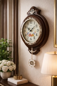 Ceas de perete vintage cu pendul, cadran clasic cu cifre arabe și detalii ornamentale aurii