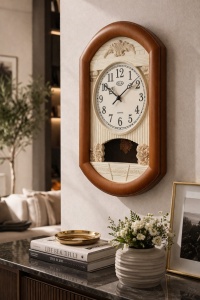 Ceas de perete vintage cu pendul decorativ, design clasic cu cadran mare și detalii elegante pentru decor interior