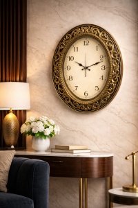 Ceas de perete oval cu design ornamental, cifre clasice și ramă decorativă elegantă