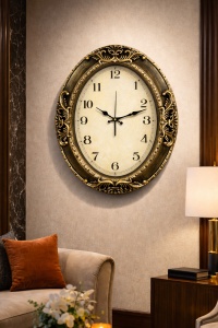 Ceas de perete oval cu design ornamental, cifre clasice și ramă decorativă elegantă