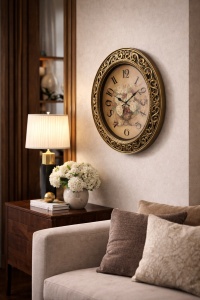 Ceas de perete oval cu design ornamental, cifre clasice și ramă decorativă elegantă