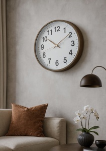 ceas de perete mare cu ramă maro mat și cadran alb, cifre negre vizibile și design minimalist, potrivit pentru living modern