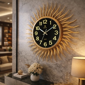 Ceas de perete elegant cu design raze solare si cadran negru