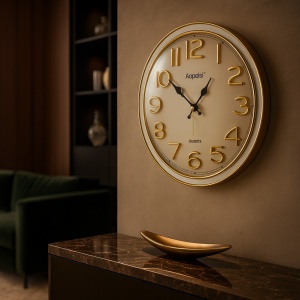 Ceas de perete rotund cu cadran alb și cifre aurii, ideal pentru living modern sau birou elegant