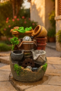 fântână decorativă de interior cu vase și roată de apă