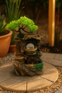 fântână decorativă rustică cu găleți de lemn, roată de apă și pom verde