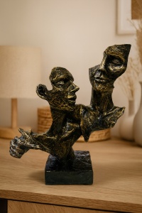 Statuetă modernă cu două fețe, ornament decorativ expresiv, finisaj negru cu reflexe aurii